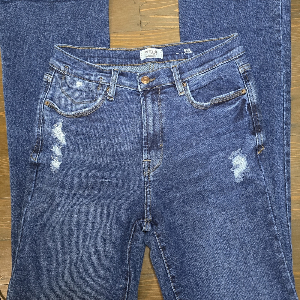 Kensie Blue Straight Leg Jeans with Distressed Details